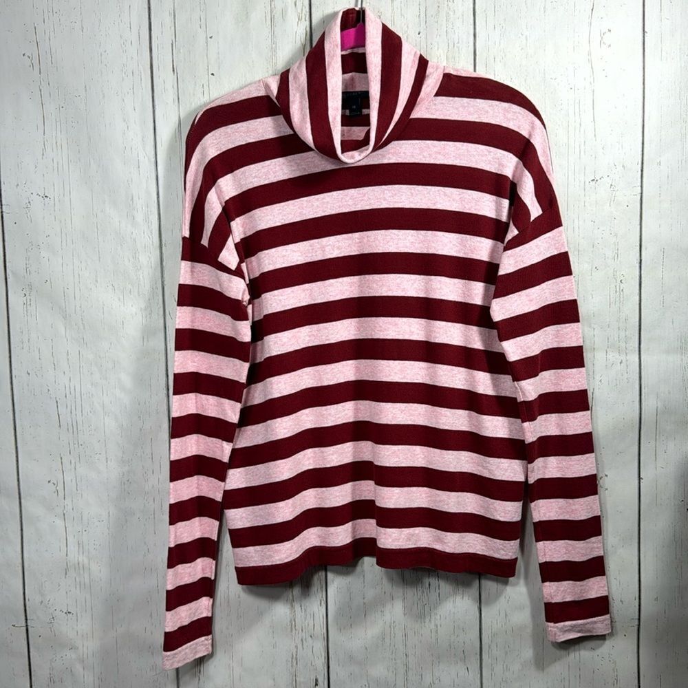 J.Crew Red & Pink Striped Cotton Turtleneck Sweater Preppy Coastal Cozycore